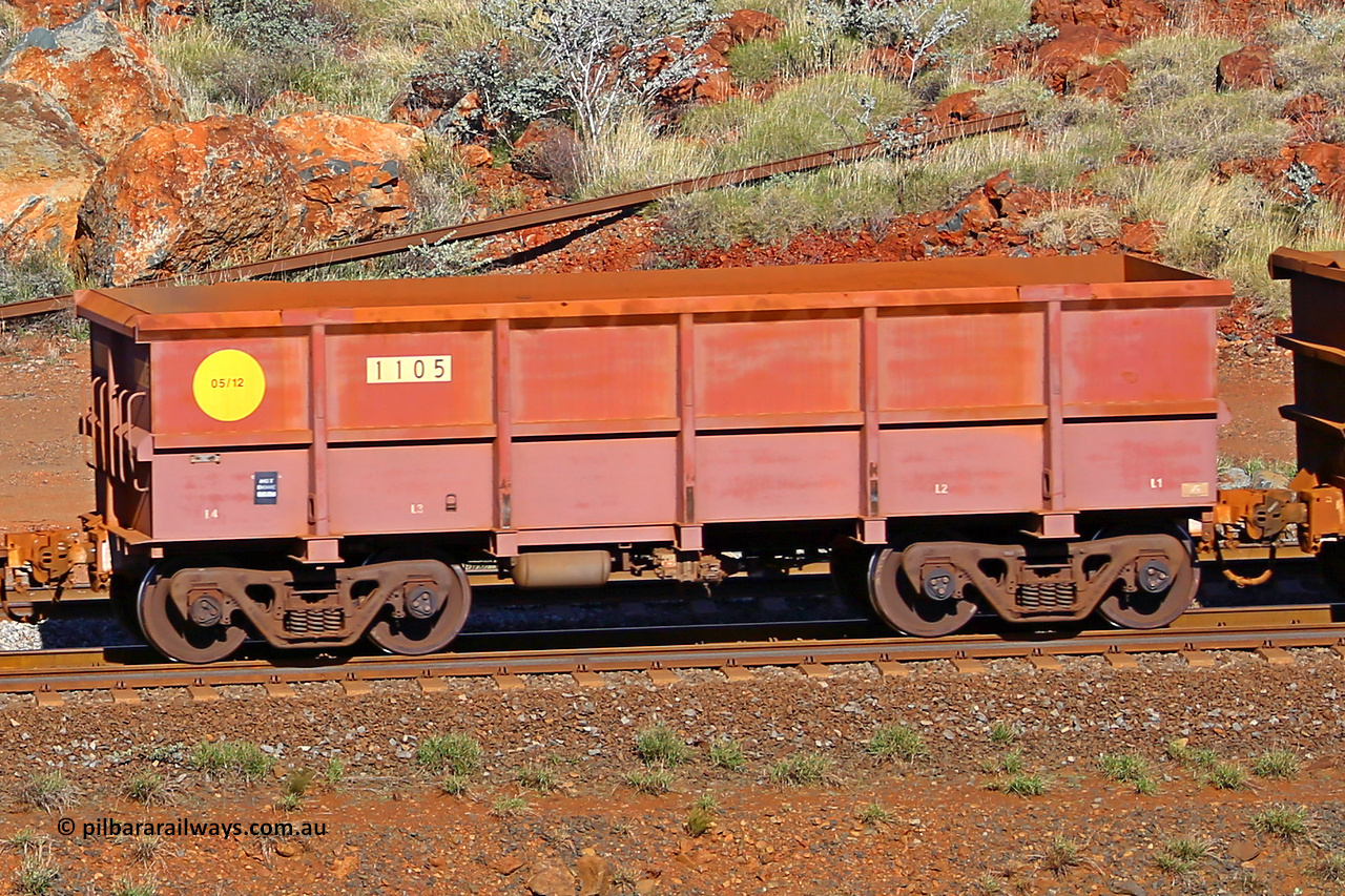 1105 180616 1735
Robe River ore waggon 1105, built by Bradken Rail Qld in May 2012, rotary coupler end non-handbrake side empty view, at the 38 km, Harding on the Cape Lambert line, June 16, 2018.
Keywords: 1105;Bradken-Rail-Qld;Robe-ore-waggon;