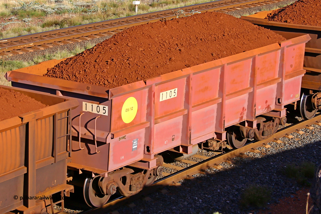 1105 210322 9723
Robe River ore waggon 1105, built by Bradken Rail Qld in May 2012, rotary coupler end non-handbrake side loaded view, at the 17 km on the Cape Lambert line, March 22, 2021.
Keywords: 1105;Bradken-Rail-Qld;Robe-ore-waggon;