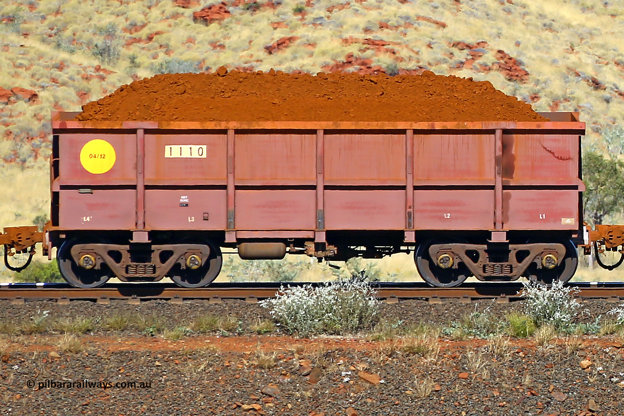 1110 170728 09919
Robe River ore waggon 1110, built by Bradken Rail Qld in April 2012, non-handbrake side loaded view at the 72 km, Western Creek on the Deepdale line. July 28, 2017.
Keywords: 1110;Bradken-Rail-Qld;Robe-ore-waggon;