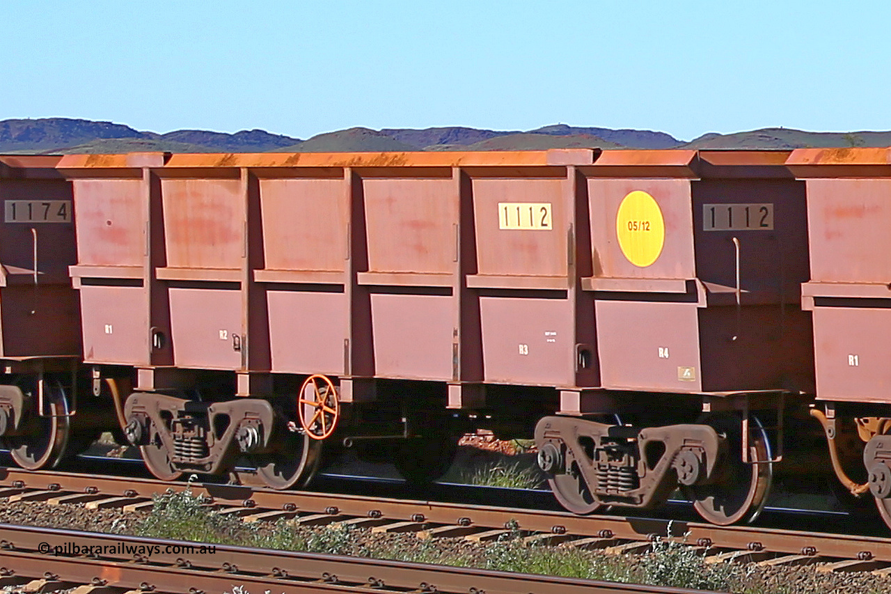 1112 160727 0963
Robe River ore waggon 1112, built by Bradken Rail Qld in May 2012, rotary coupler end handbrake side empty view at Harding Siding on the Cape Lambert line, July 27, 2016.
Keywords: 1112;Bradken-Rail-Qld;Robe-ore-waggon;