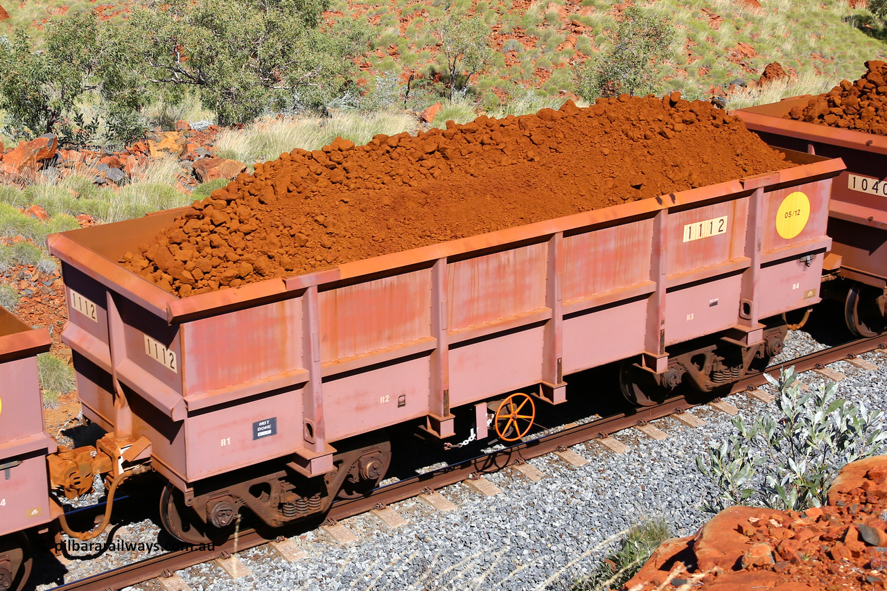 1112 180616 1863
Robe River ore waggon 1112, built by Bradken Rail Qld in May 2012, fixed coupler handbrake side loaded view at Maitland Siding on the Deepdale line, June 16, 2018.
Keywords: 1112;Bradken-Rail-Qld;Robe-ore-waggon;