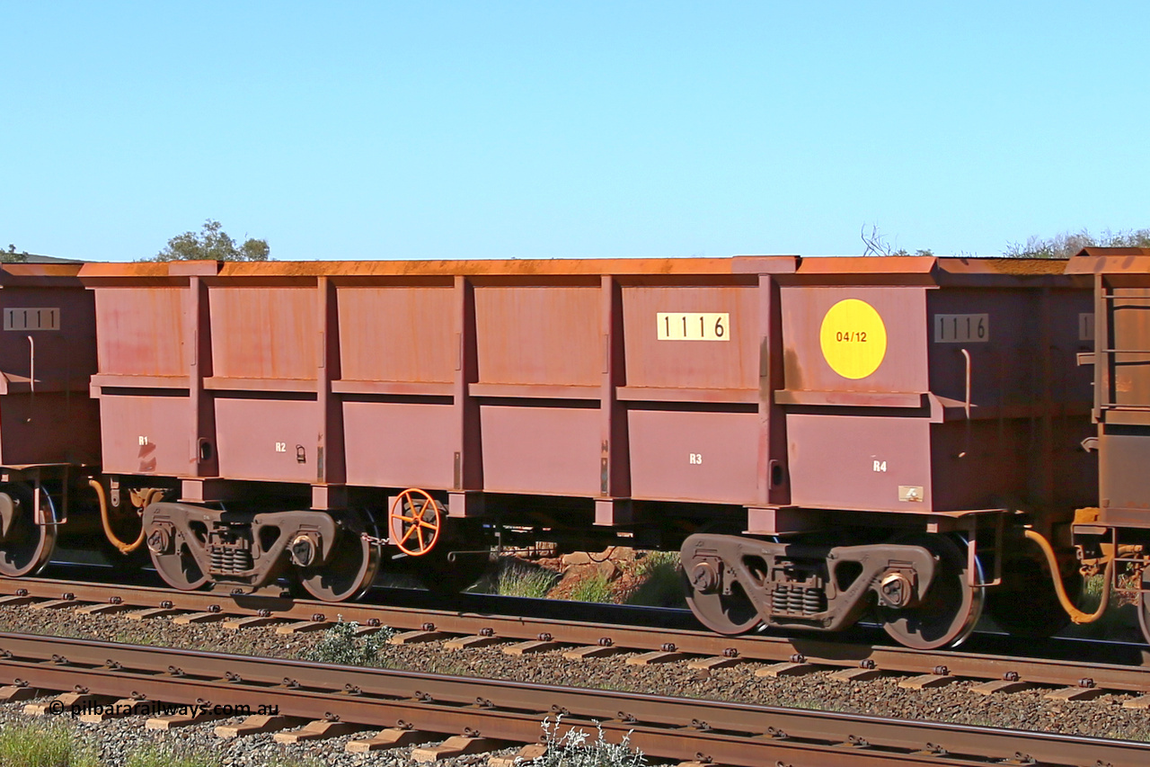 1116 160727 0954
Robe River ore waggon 1116, built by Bradken Rail Qld in March 2012, rotary coupler end handbrake side empty view at Harding Siding on the Cape Lambert line, July 27, 2016.
Keywords: 1116;Bradken-Rail-Qld;Robe-ore-waggon;