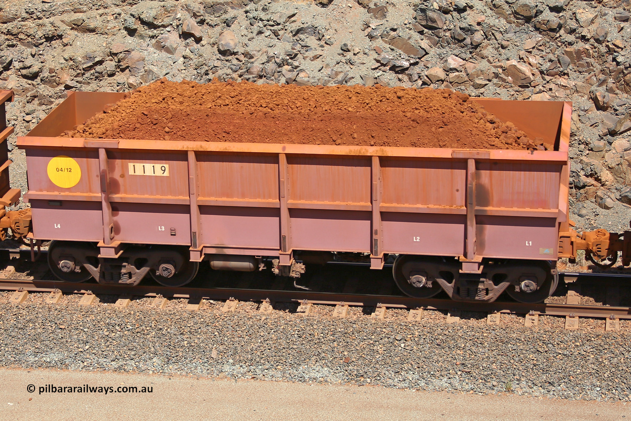 1119 160306 1587
Robe River ore waggon 1119, built by Bradken Rail Qld in April 2012, fixed coupler non-handbrake side loaded view, at the 45 km, Harding Siding on the Cape Lambert line. March 6, 2016.
Keywords: 1119;Bradken-Rail-Qld;Robe-ore-waggon;