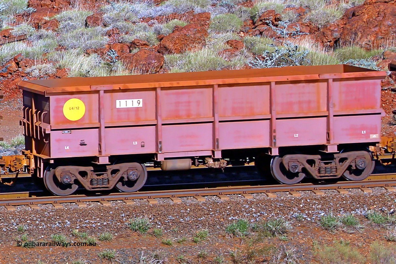 1119 180616 1720
Robe River ore waggon 1119, built by Bradken Rail Qld in April 2012, rotary coupler end non-handbrake side empty view, at the 38 km, Harding on the Cape Lambert line, June 16, 2018.
Keywords: 1119;Bradken-Rail-Qld;Robe-ore-waggon;