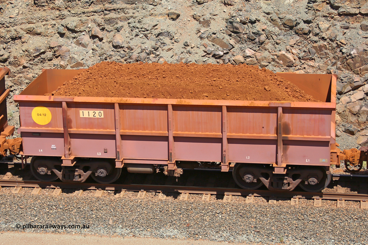 1120 160306 1563
Robe River ore waggon 1120, built by Bradken Rail Qld in April 2012, fixed coupler non-handbrake side loaded view, at the 45 km, Harding Siding on the Cape Lambert line. March 6, 2016.
Keywords: 1120;Bradken-Rail-Qld;Robe-ore-waggon;