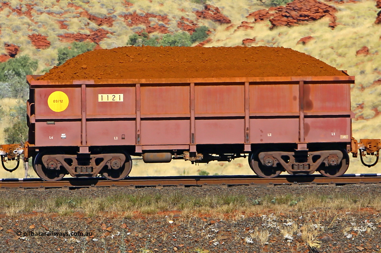 1121 170728 09924
Robe River ore waggon 1121, built by Bradken Rail Qld in March 2012, non-handbrake side loaded view at the 72 km, Western Creek on the Deepdale line. July 28, 2017.
Keywords: 1121;Bradken-Rail-Qld;Robe-ore-waggon;