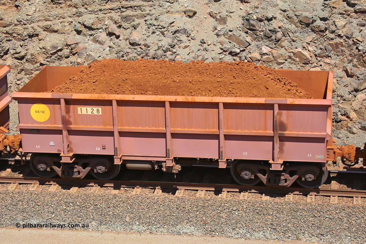 1128 160306 1564
Robe River ore waggon 1128, built by Bradken Rail Qld in March 2012, fixed coupler non-handbrake side loaded view, at the 45 km, Harding Siding on the Cape Lambert line. March 6, 2016.
Keywords: 1128;Bradken-Rail-Qld;Robe-ore-waggon;