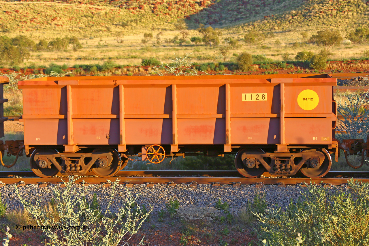 1128 170513 8766
Robe River ore waggon 1128, built by Bradken Rail Qld in March 2012, handbrake side loaded view, Cape Lambert yard, May 13, 2017.
Keywords: 1128;Bradken-Rail-Qld;Robe-ore-waggon;