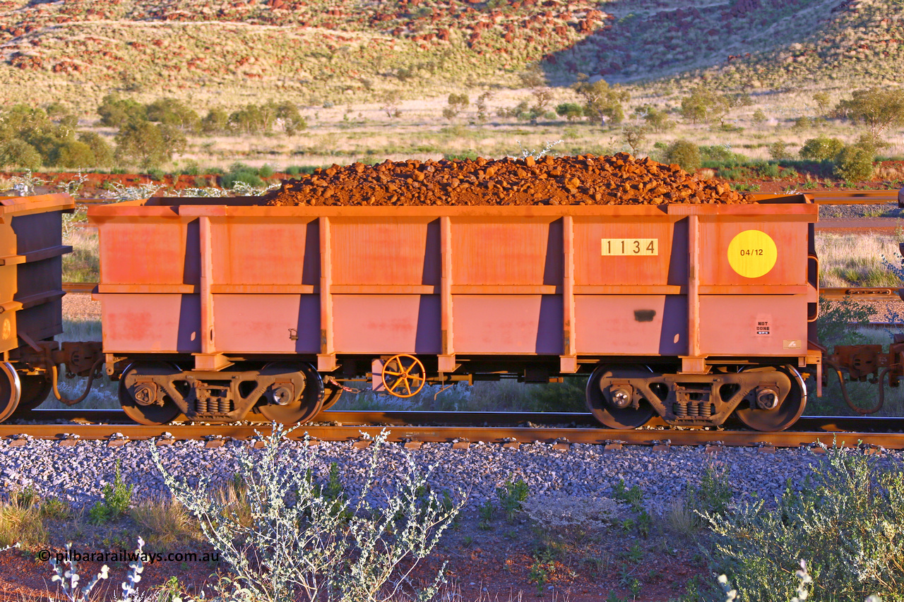 1134 170513 8735
Robe River ore waggon 1134, built by Bradken Rail Qld in April 2012, handbrake side loaded view, Cape Lambert yard, May 13, 2017.
Keywords: 1134;Bradken-Rail-Qld;Robe-ore-waggon;