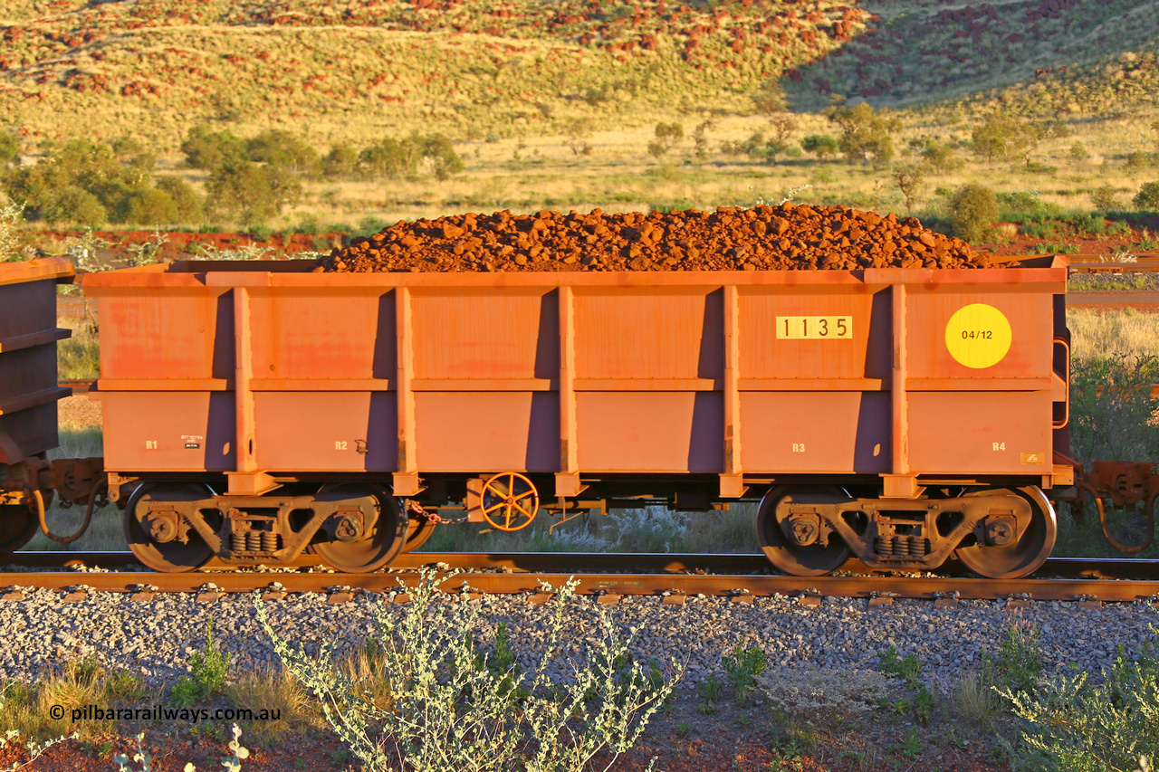 1135 170513 8727
Robe River ore waggon 1135, built by Bradken Rail Qld in April 2012, handbrake side loaded view, Cape Lambert yard, May 13, 2017.
Keywords: 1135;Bradken-Rail-Qld;Robe-ore-waggon;