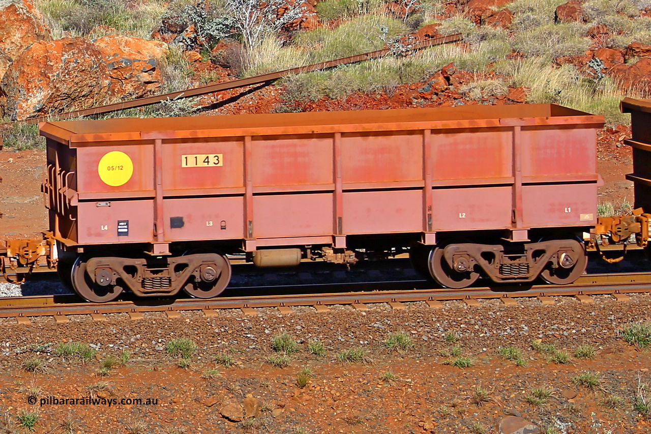 1143 180616 1736
Robe River ore waggon 1143, built by Bradken Rail Qld in May 2012, rotary coupler end non-handbrake side empty view, at the 38 km, Harding on the Cape Lambert line, June 16, 2018.
Keywords: 1143;Bradken-Rail-Qld;Robe-ore-waggon;