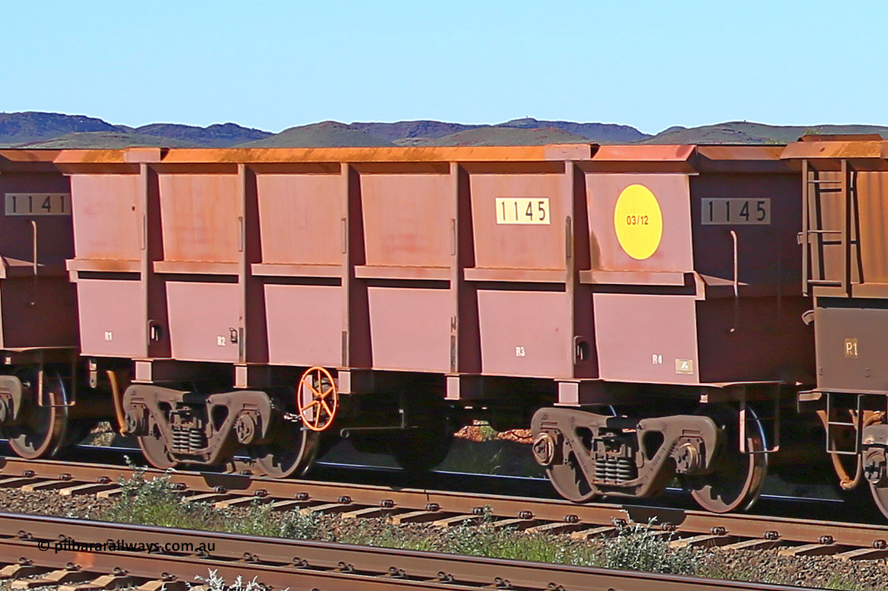 1145 160727 0957
Robe River ore waggon 1145, built by Bradken Rail Qld in March 2012, rotary coupler end handbrake side empty view at Harding Siding on the Cape Lambert line, July 27, 2016.
Keywords: 1145;Bradken-Rail-Qld;Robe-ore-waggon;