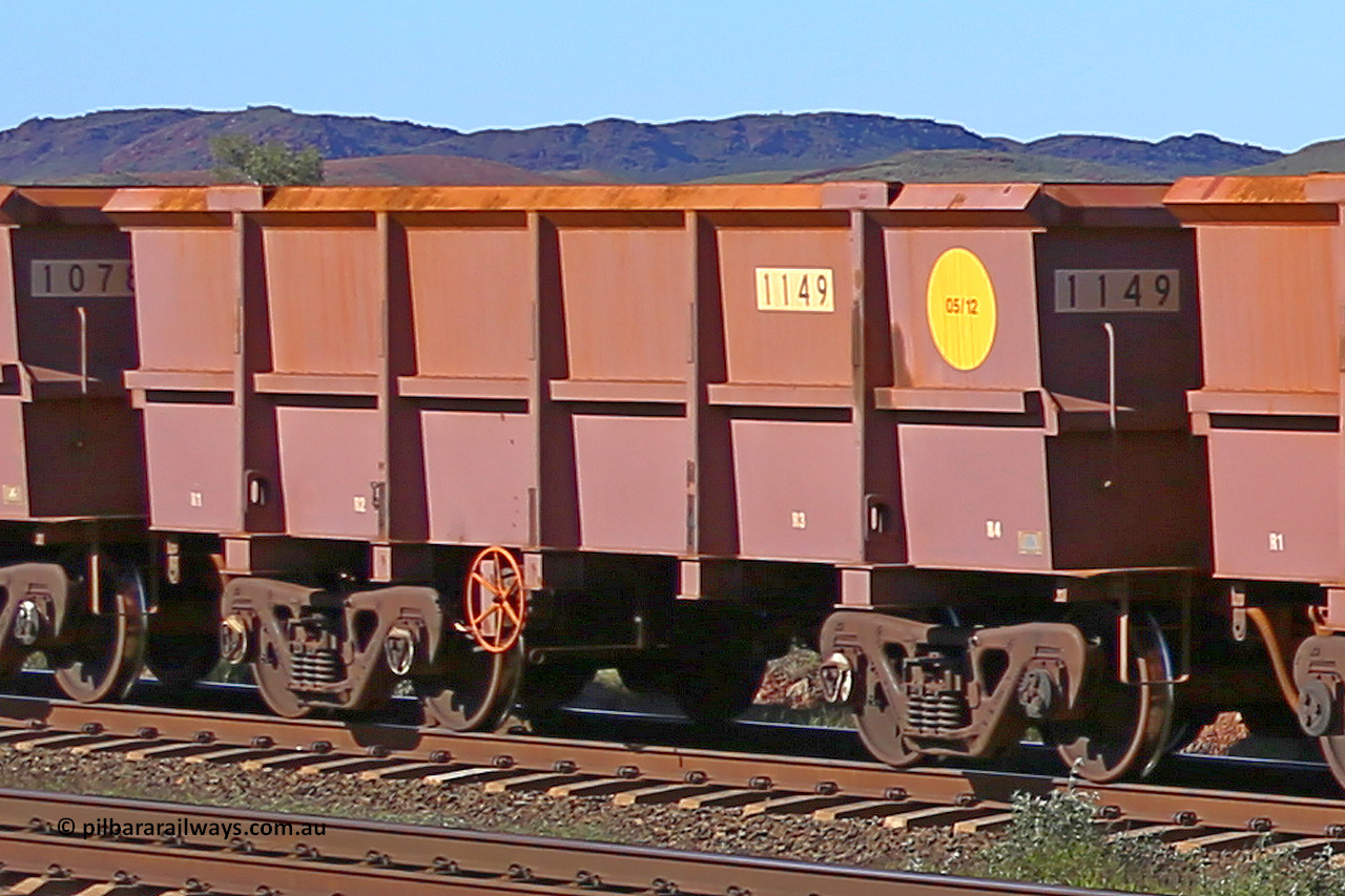 1149 160727 0954
Robe River ore waggon 1149, built by Bradken Rail Qld in May 2012, rotary coupler end handbrake side empty view at Harding Siding on the Cape Lambert line, July 27, 2016.
Keywords: 1149;Bradken-Rail-Qld;Robe-ore-waggon;