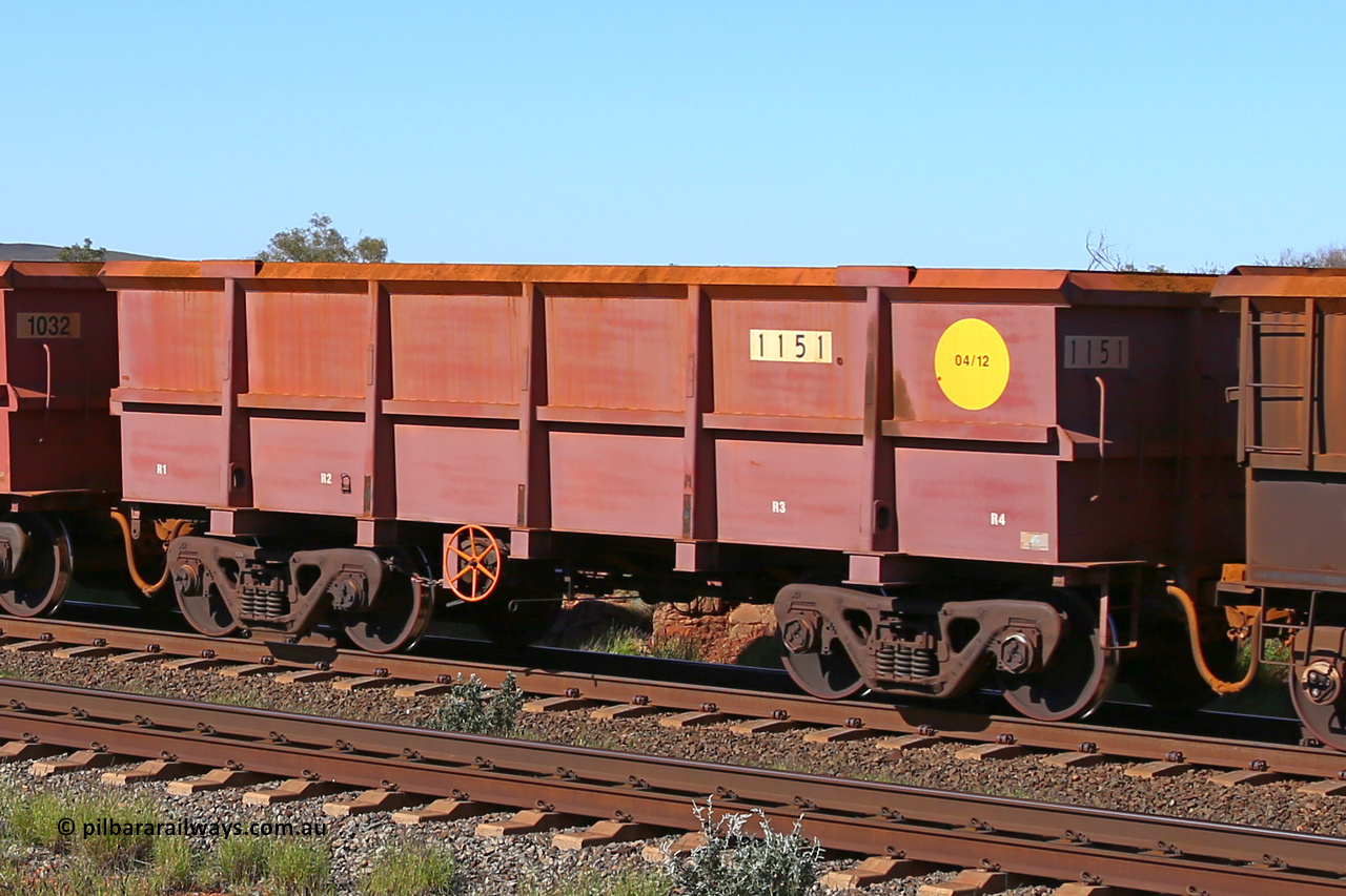 1151 160727 0949
Robe River ore waggon 1151, built by Bradken Rail Qld in April 2012, rotary coupler end handbrake side empty view at Harding Siding on the Cape Lambert line, July 27, 2016.
Keywords: 1151;Bradken-Rail-Qld;Robe-ore-waggon;