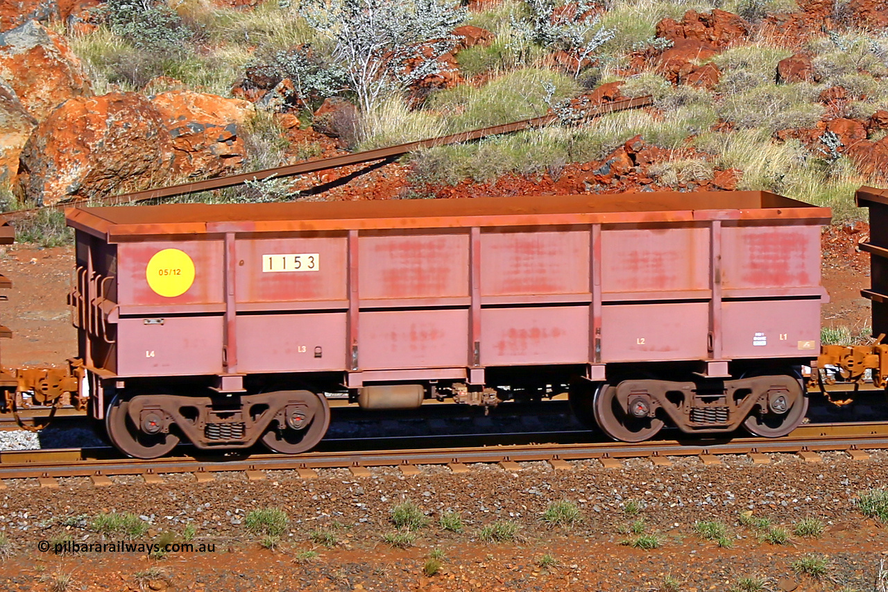 1153 180616 1695
Robe River ore waggon 1153, built by Bradken Rail Qld in May 2012, rotary coupler end non-handbrake side empty view, at the 38 km, Harding on the Cape Lambert line, June 16, 2018.
Keywords: 1153;Bradken-Rail-Qld;Robe-ore-waggon;