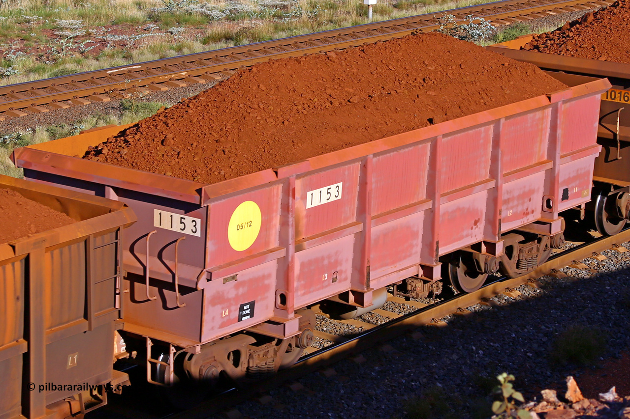 1153 210322 9710
Robe River ore waggon 1153, built by Bradken Rail Qld in May 2012, rotary coupler end non-handbrake side loaded view, at the 17 km on the Cape Lambert line, March 22, 2021
Keywords: 1153;Bradken-Rail-Qld;Robe-ore-waggon;