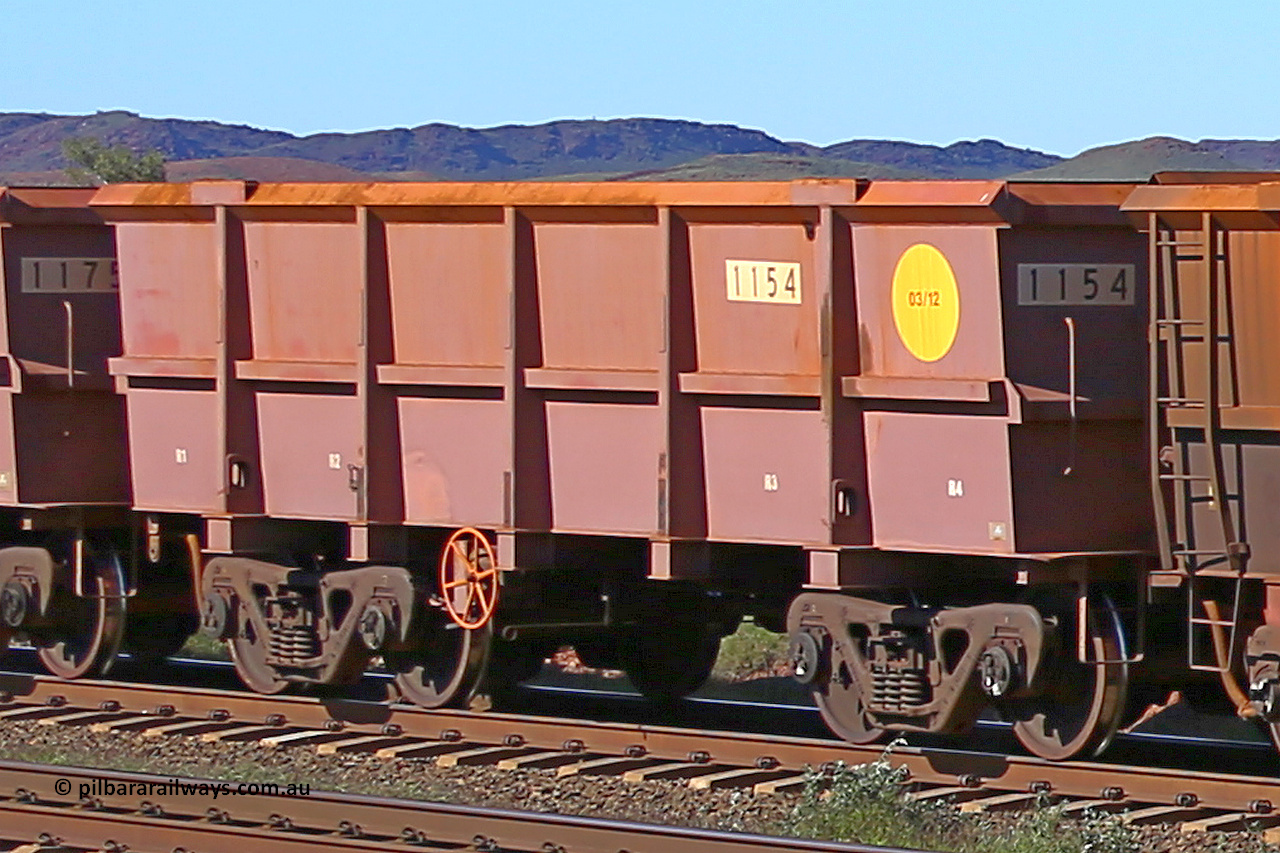 1154 160727 0955
Robe River ore waggon 1154, built by Bradken Rail Qld in March 2012, rotary coupler end handbrake side empty view at Harding Siding on the Cape Lambert line, July 27, 2016.
Keywords: 1154;Bradken-Rail-Qld;Robe-ore-waggon;