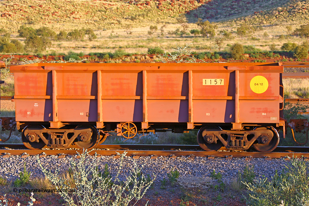 1157 170513 8768
Robe River ore waggon 1157, built by Bradken Rail Qld in April 2012, handbrake side empty view, Cape Lambert yard, May 13, 2017.
Keywords: 1157;Bradken-Rail-Qld;Robe-ore-waggon;