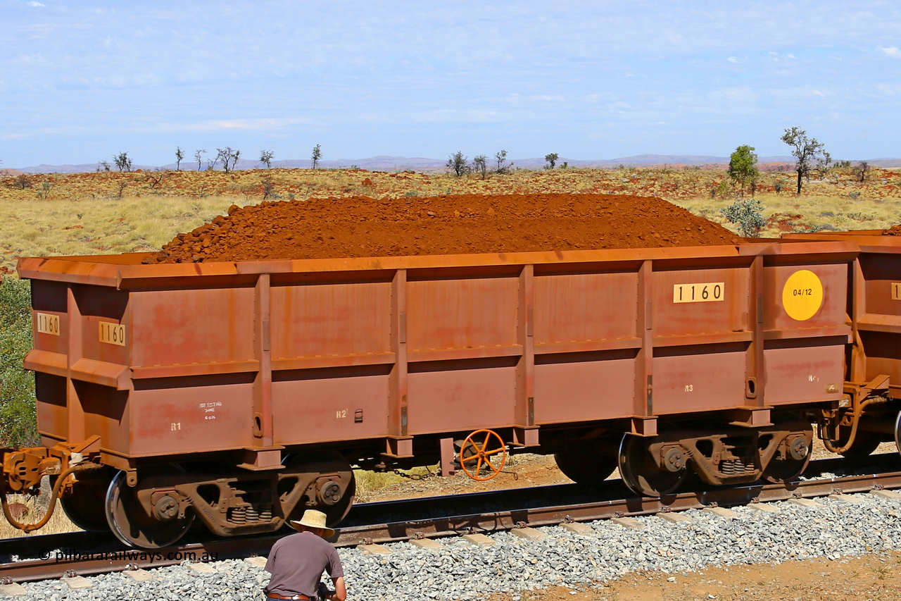 1160 170729 0258
Robe River ore waggon 1160, built by Bradken Rail Qld in April 2012, fixed coupler handbrake side loaded view at the 103 km, between Maitland Siding and the Fortescue River on the Deepdale line. July 29, 2017.
Keywords: 1160;Bradken-Rail-Qld;Robe-ore-waggon;