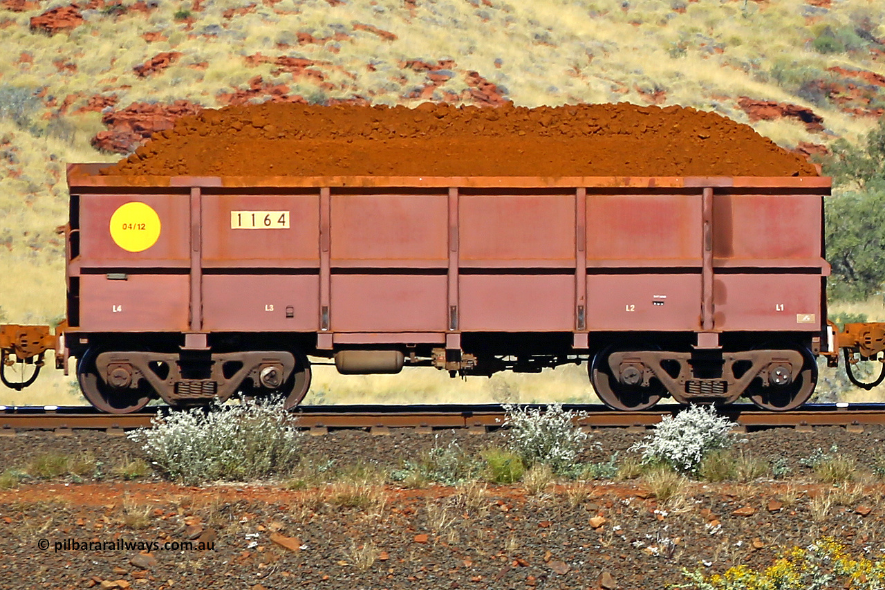 1164 170728 09917
Robe River ore waggon 1164, built by Bradken Rail Qld in April 2012, non-handbrake side loaded view at the 72 km, Western Creek on the Deepdale line. July 28, 2017.
Keywords: 1164;Bradken-Rail-Qld;Robe-ore-waggon;