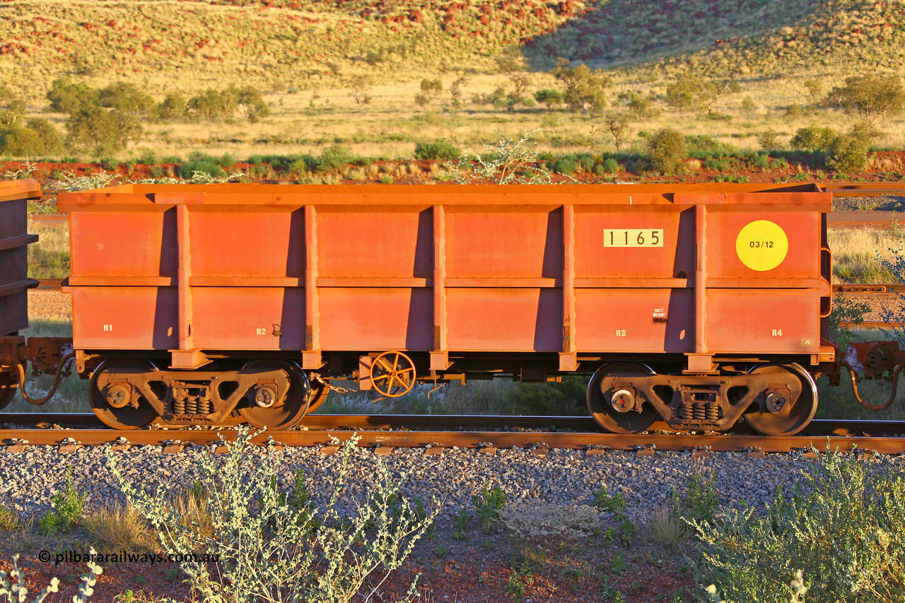 1165 170513 8776
Robe River ore waggon 1165, built by Bradken Rail Qld in March 2012, handbrake side empty view, Cape Lambert yard, May 13, 2017.
Keywords: 1165;Bradken-Rail-Qld;Robe-ore-waggon;