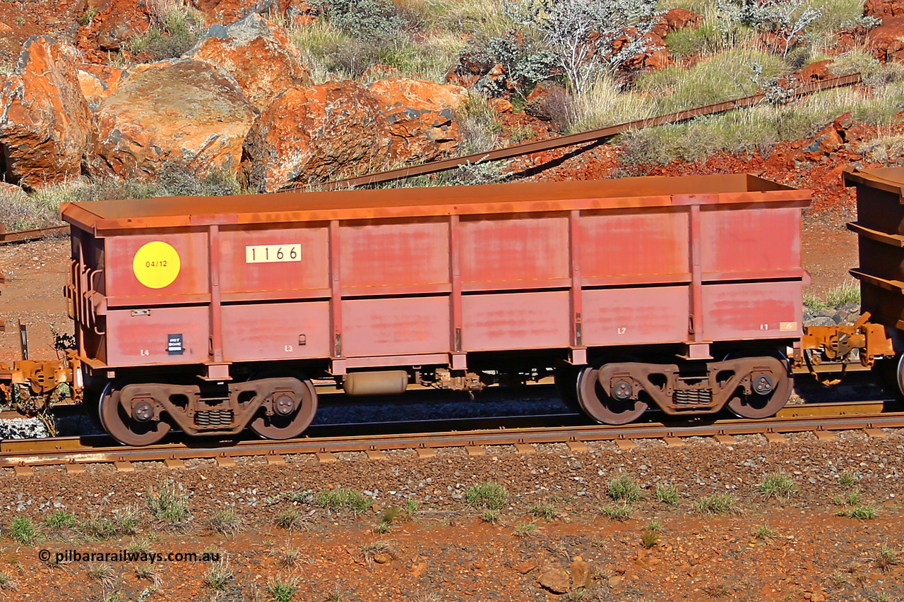 1166 180616 1729
Robe River ore waggon 1166, built by Bradken Rail Qld in April 2012, rotary coupler end non-handbrake side empty view, at the 38 km, Harding on the Cape Lambert line, June 16, 2018.
Keywords: 1166;Bradken-Rail-Qld;Robe-ore-waggon;