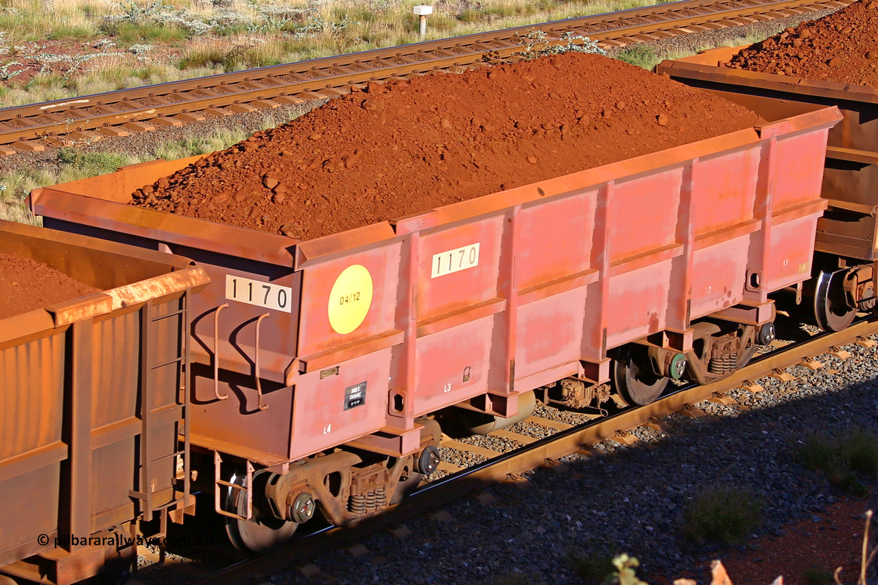 1170 210322 9764
Robe River ore waggon 1170, built by Bradken Rail Qld in April 2012, rotary coupler end non-handbrake side loaded view, at the 17 km on the Cape Lambert line, March 22, 2021
Keywords: 1170;Bradken-Rail-Qld;Robe-ore-waggon;