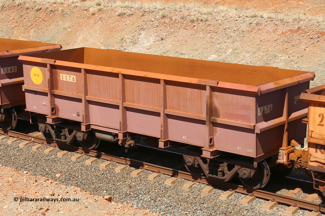1176 160306 1269
Robe River ore waggon 1176, built by Bradken Rail Qld in April 2012, fixed coupler non-handbrake side empty view at Greenpool on the Cape Lambert line. March 6, 2016.
Keywords: 1176;Bradken-Rail-Qld;Robe-ore-waggon;