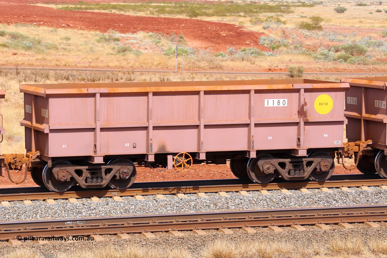 1180 141124 6870
Robe River ore waggon 1180, built by Bradken Rail Qld in April 2012, fixed coupler handbrake side empty view at the 25 km at Arches Siding on the Cape Lambert line. November 24, 2014.
Keywords: 1180;Bradken-Rail-Qld;Robe-ore-waggon;
