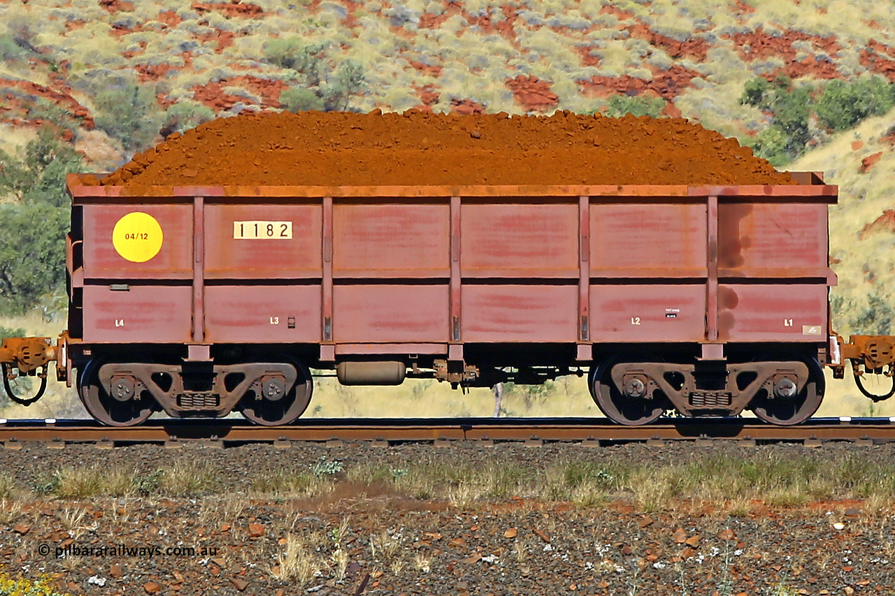 1182 170728 09917
Robe River ore waggon 1182, built by Bradken Rail Qld in April 2012, non-handbrake side loaded view at the 72 km, Western Creek on the Deepdale line. July 28, 2017.
Keywords: 1182;Bradken-Rail-Qld;Robe-ore-waggon;