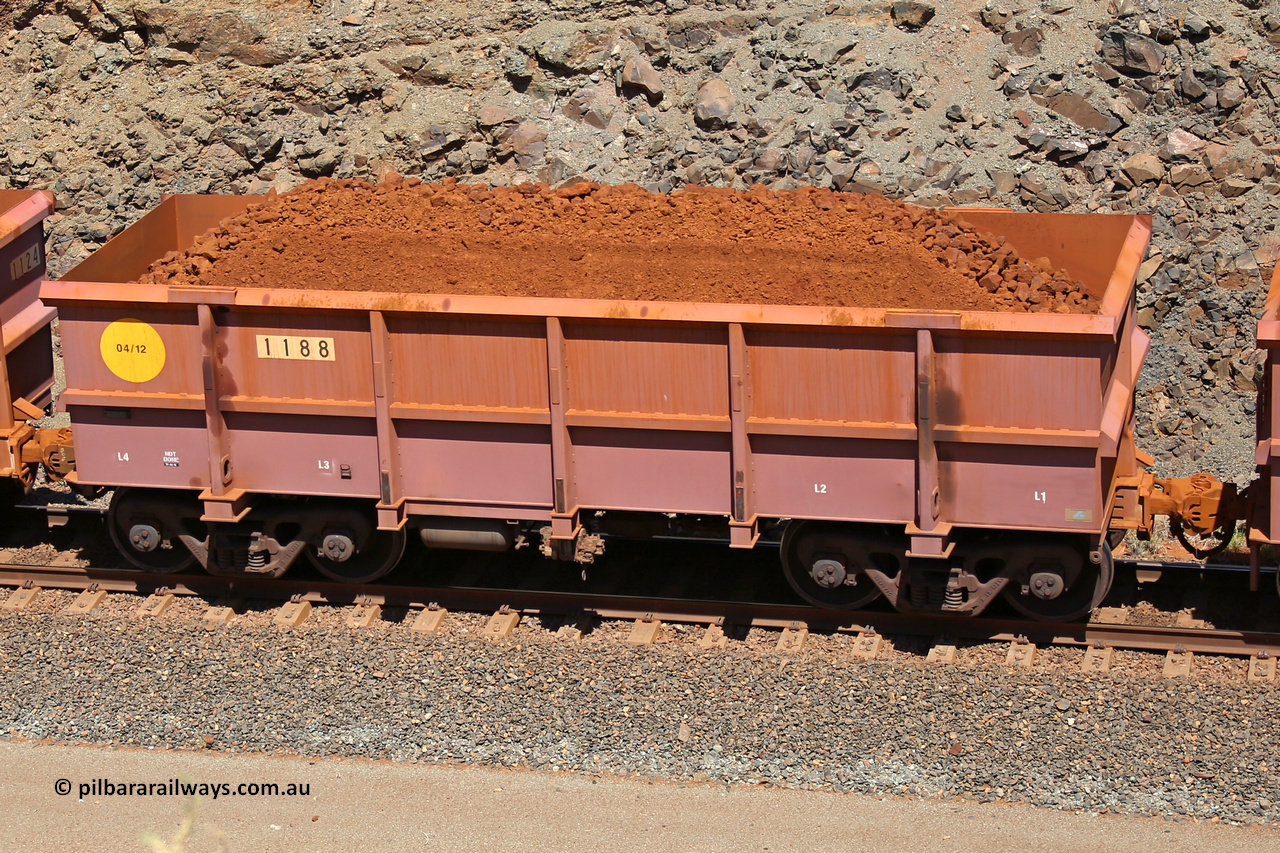 1188 160306 1617
Robe River ore waggon 1188, built by Bradken Rail Qld in April 2012, fixed coupler non-handbrake side loaded view, at the 45 km, Harding Siding on the Cape Lambert line. March 6, 2016.
Keywords: 1188;Bradken-Rail-Qld;Robe-ore-waggon;