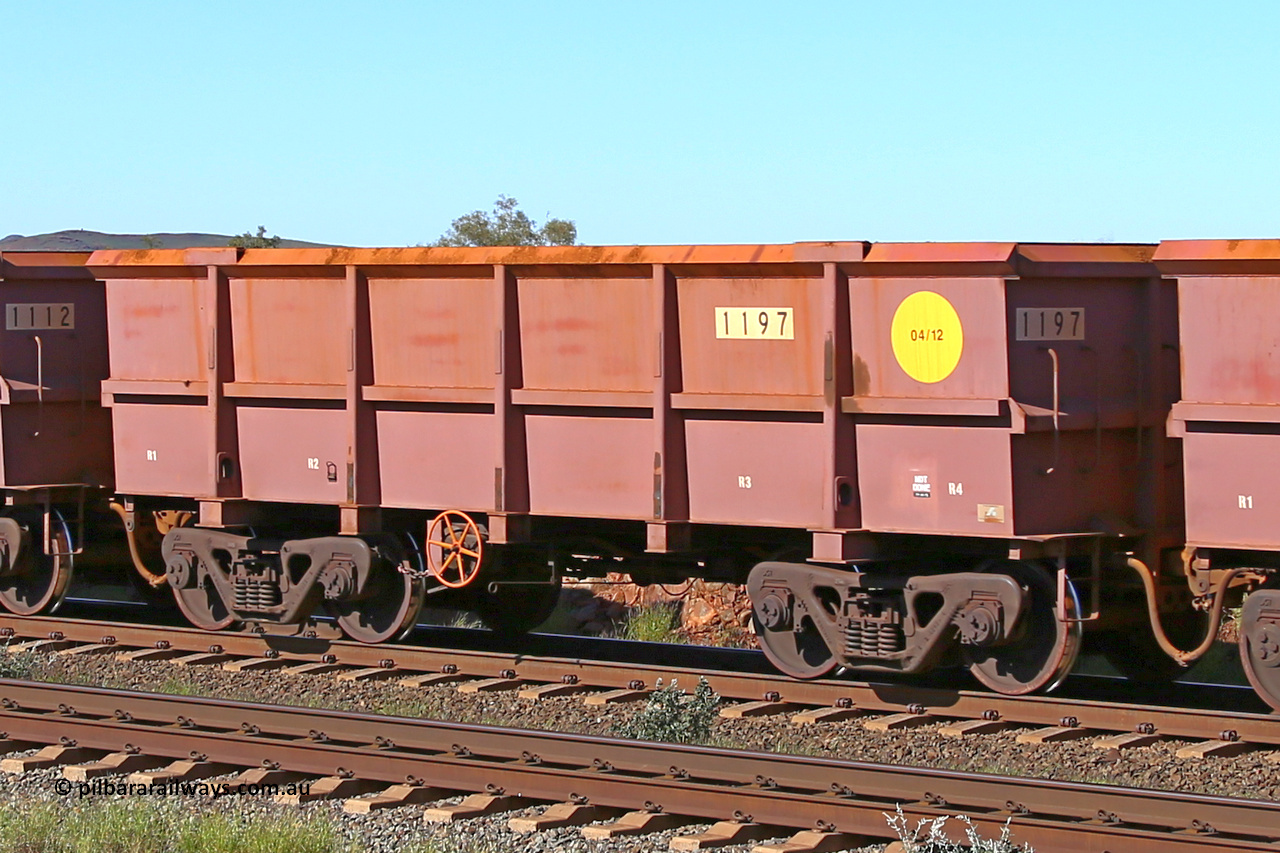 1197 160727 0963
Robe River ore waggon 1197, built by Bradken Rail Qld in April 2012, rotary coupler end handbrake side empty view at Harding Siding on the Cape Lambert line, July 27, 2016.
Keywords: 1197;Bradken-Rail-Qld;Robe-ore-waggon;