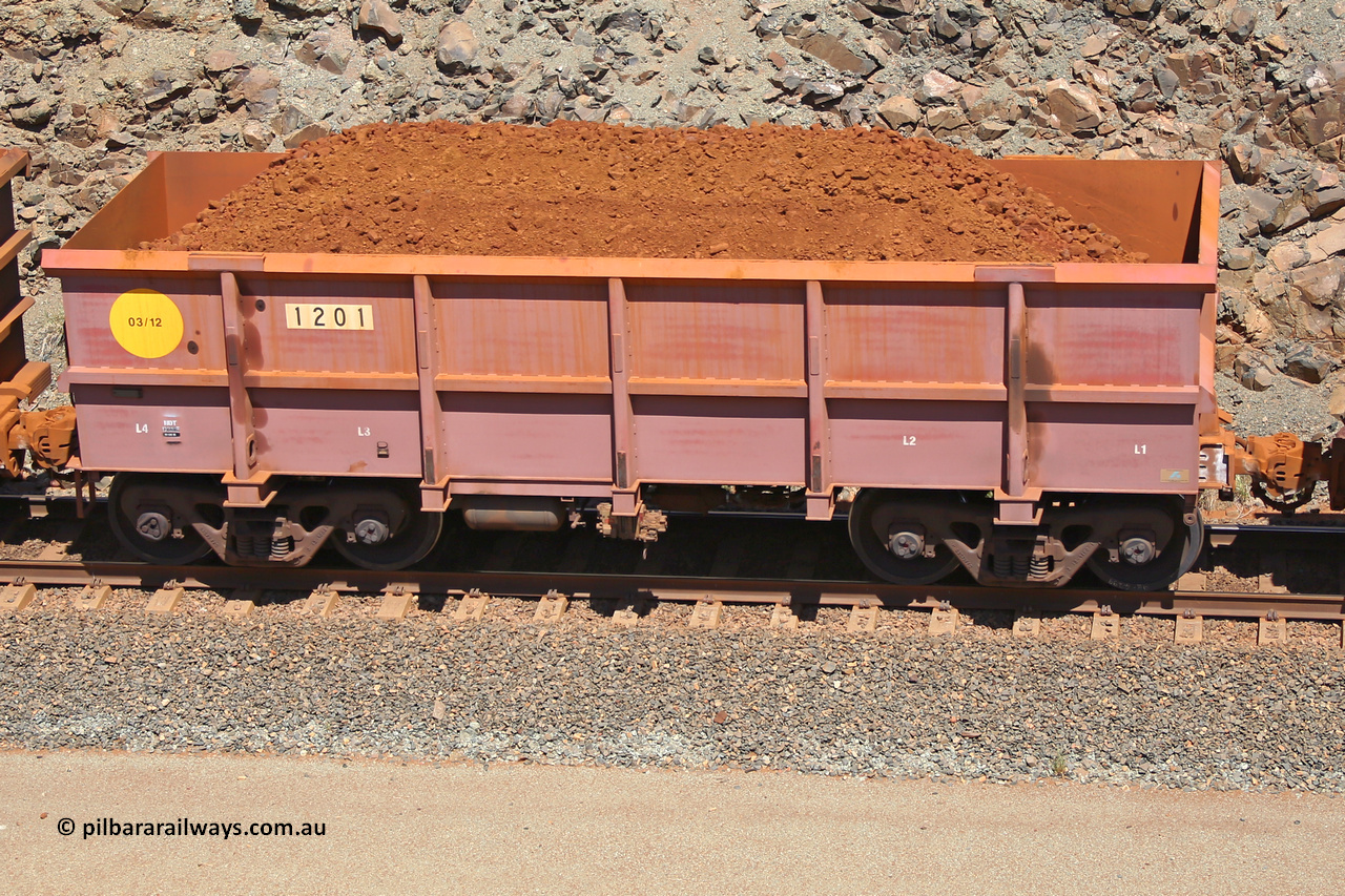 1201 160306 1532
Robe River ore waggon 1201, built by Bradken Rail Qld in March 2012, fixed coupler non-handbrake side loaded view, at the 45 km, Harding Siding on the Cape Lambert line. March 6, 2016.
Keywords: 1201;Bradken-Rail-Qld;Robe-ore-waggon;