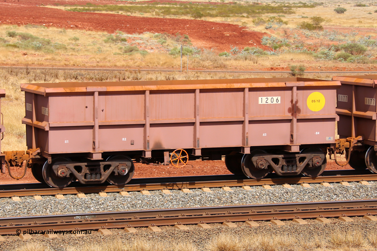 1206 141124 6871
Robe River ore waggon 1206, built by Bradken Rail Qld in May 2012, fixed coupler handbrake side empty view at the 25 km at Arches Siding on the Cape Lambert line. November 24, 2014.
Keywords: 1206;Bradken-Rail-Qld;Robe-ore-waggon;