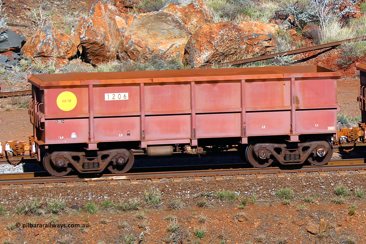 1206 180616 1692
Robe River ore waggon 1206, built by Bradken Rail Qld in May 2012, rotary coupler end non-handbrake side empty view, at the 38 km, Harding on the Cape Lambert line, June 16, 2018.
Keywords: 1206;Bradken-Rail-Qld;Robe-ore-waggon;