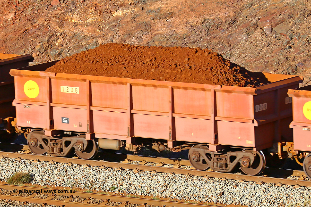 1208 180616 1641
Robe River ore waggon 1208, built by Bradken Rail Qld in May 2012, fixed coupler non-handbrake side loaded view at the 38.5 km, Harding on the Cape Lambert line, June 16, 2018.
Keywords: 1208;Bradken-Rail-Qld;Robe-ore-waggon;