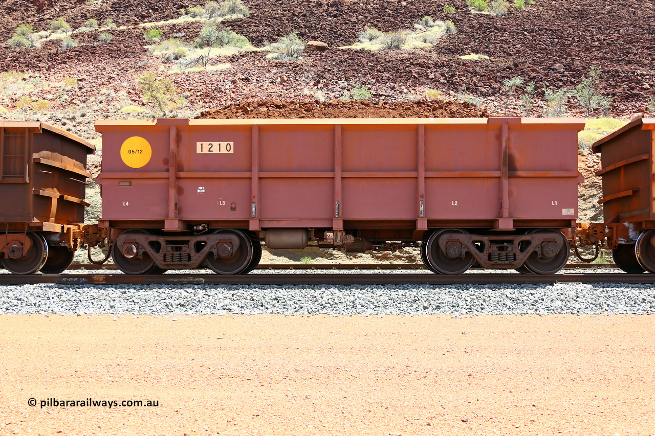 1210 160306 1415
Robe River ore waggon 1210, built by Bradken Rail Qld in May 2012, non-handbrake side loaded view at Greenpool on the Cape Lambert line. March 6, 2016.
Keywords: 1210;Bradken-Rail-Qld;Robe-ore-waggon;