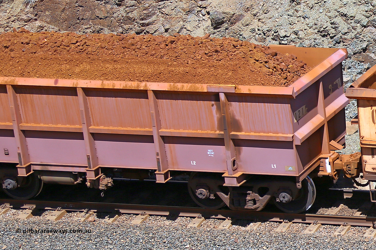 1211 160306 1645
Robe River ore waggon 1211, built by Bradken Rail Qld in May 2012, fixed coupler non-handbrake side loaded detail view of fixed coupler end, at the 45 km, Harding Siding on the Cape Lambert line. March 6, 2016.
Keywords: 1211;Bradken-Rail-Qld;Robe-ore-waggon;