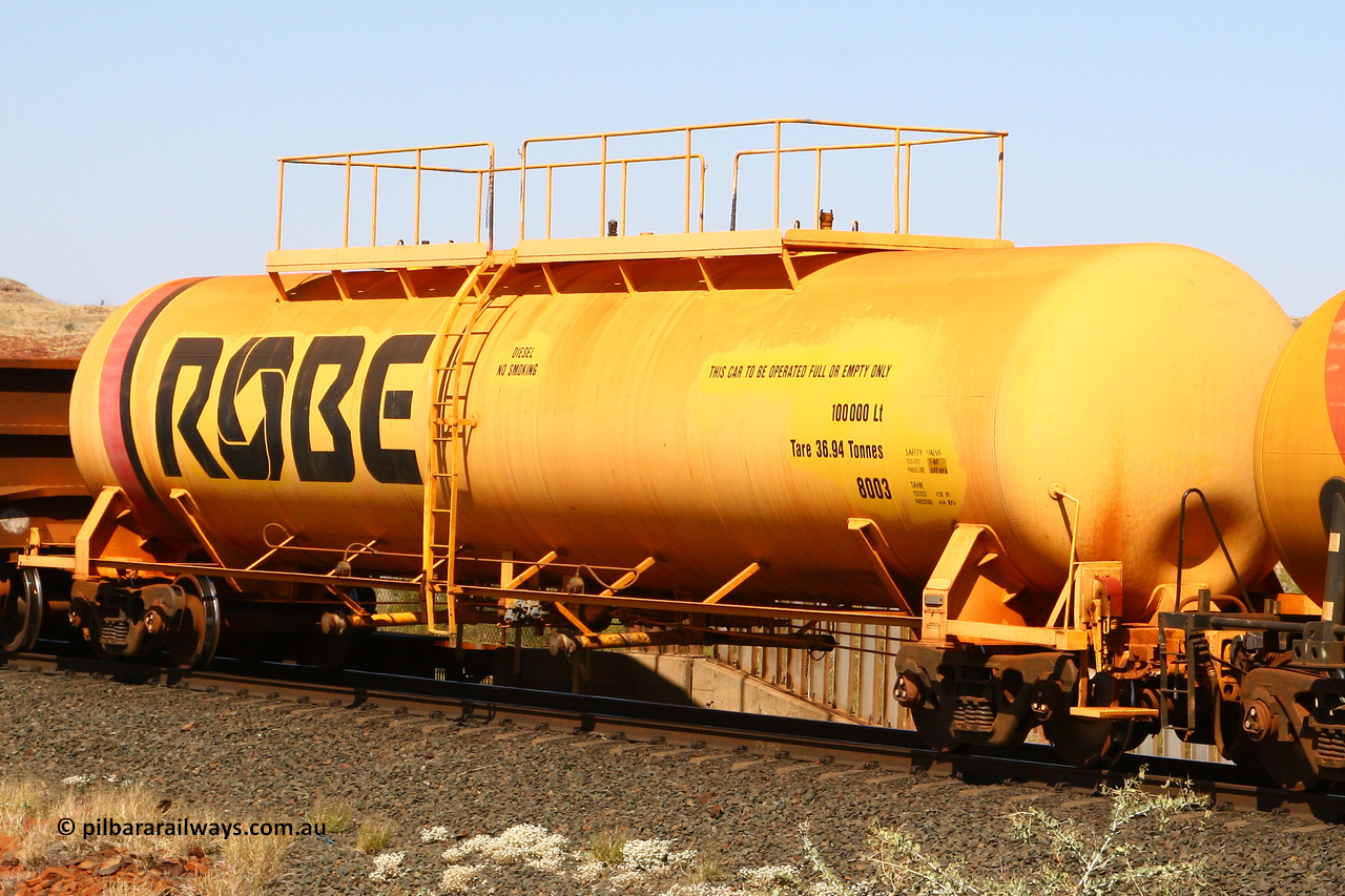 8003 070915 0883
Robe River diesel fuel tank waggon 8003 running loaded at the front of an empty ore train, built by Comeng NSW in March 1979 with a 100,000 litre capacity, at the 73.4 km on the Deepdale line, Western Creek, September 15, 2007.
Keywords: 8003;Comeng-NSW;Robe-tank-waggon;