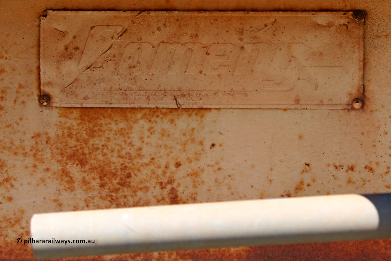 FC10 160306 1371
Robe River flat waggon FC 10 builders plate, built by Comeng. Greenpool March 6, 2016.
Keywords: FC10;Comeng-NSW;Robe-flat-waggon;