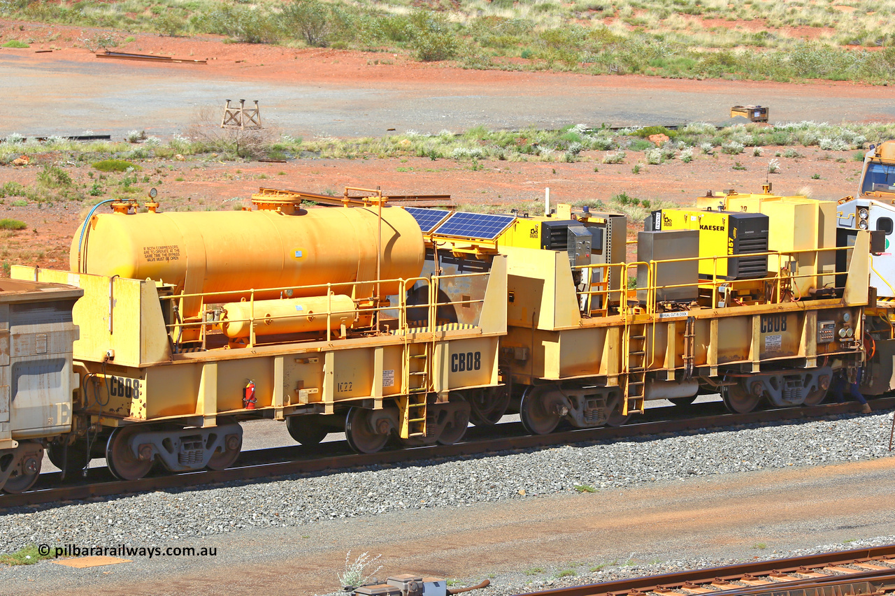 IC22-CB08 210510 0920
Robe River compressor waggon set CB08, was originally IC 22 with air receiver and IC 23 with two Kaesir air compressors. These waggons were ballasted to 100 tonnes each and are modified ore waggons. Cape Lambert yard May 10, 2021.
Keywords: IC22;Robe-compressor-waggon;