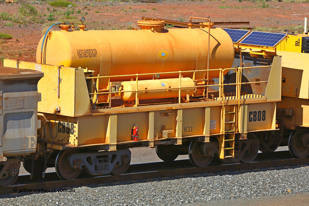 IC22-CB08 210510 0921
Robe River compressor waggon set CB08, was originally IC 22 with air receiver, these waggons were ballasted to 100 tonnes each and are modified ore waggons. Cape Lambert yard May 10, 2021.
Keywords: IC22;Robe-compressor-waggon;