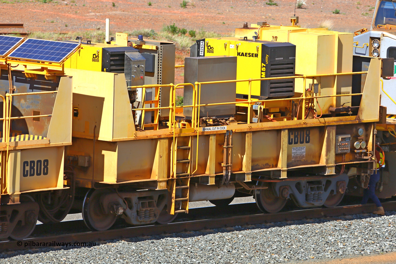 IC23-CB08 210510 0922
Robe River compressor waggon set CB08, was originally IC 23 with two Kaesir air compressors. These waggons were ballasted to 100 tonnes each and are modified ore waggons. Cape Lambert yard May 10, 2021.
Keywords: IC23;Robe-compressor-waggon;