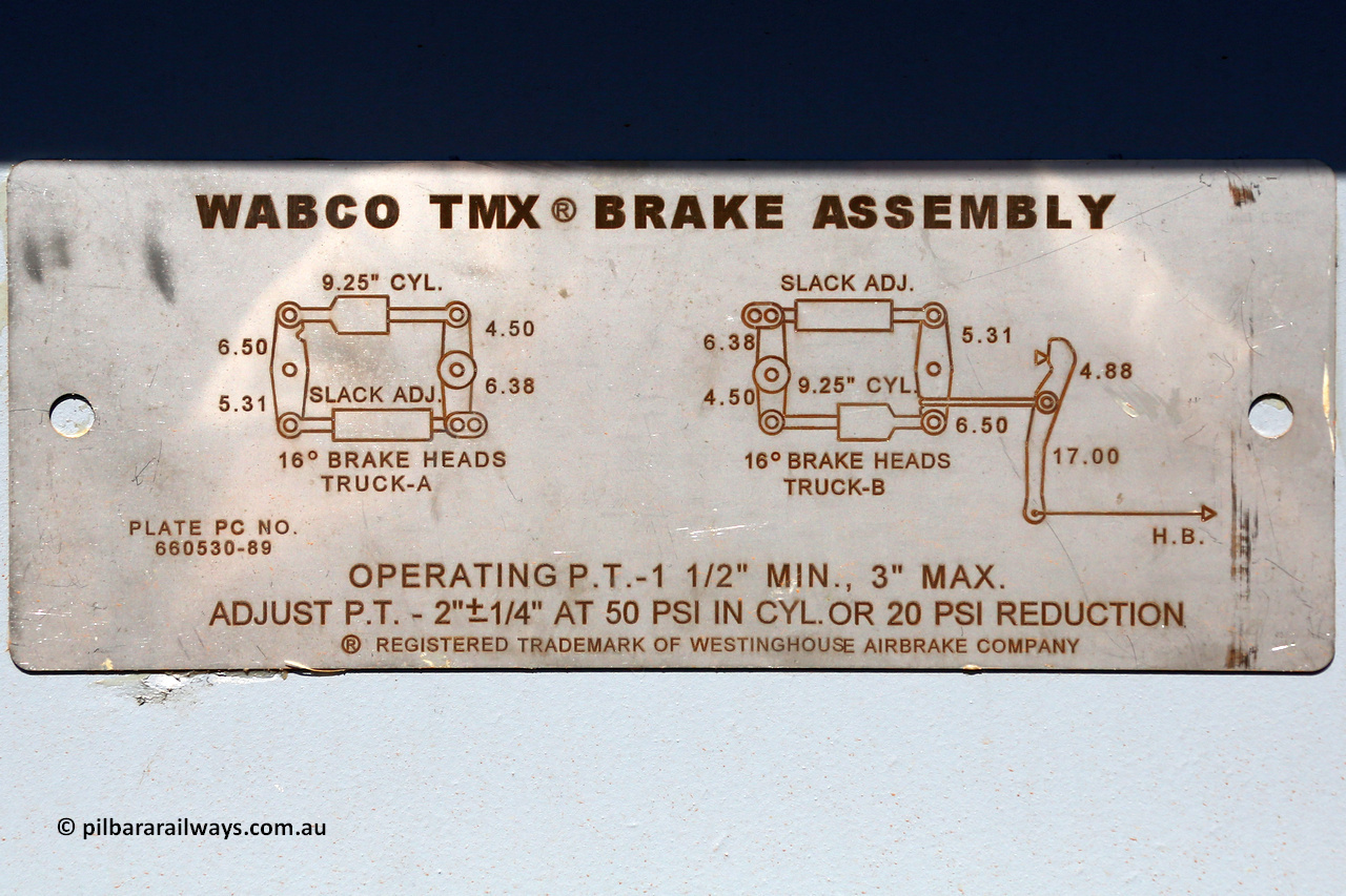 150314 7768
Wedgefield, following the delivery of Roy Hill's 1196 new GA type CCK138 model waggons, they were stored in several site whilst awaiting for enough track to be laid to allow delivery onto rail. GA2077 view of park brake assembly. March 14. 2015.
Keywords: GA-type;GA2077;CSR-Yangtze;CCK138