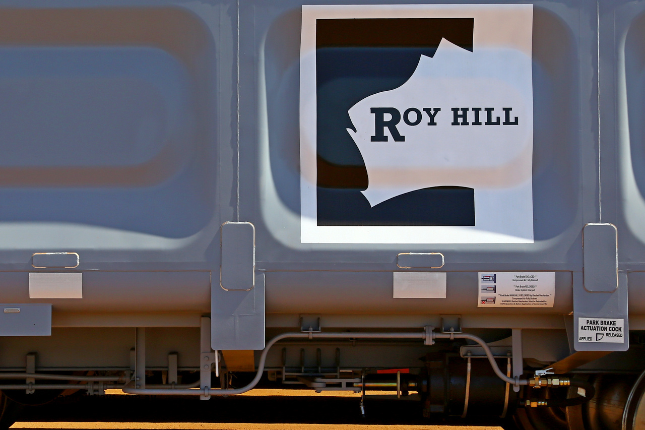 150314 7795
Wedgefield, following the delivery of Roy Hill's 1196 new GA type CCK138 model waggons, they were stored in several site whilst awaiting for enough track to be laid to allow delivery onto rail. GA2238 side view showing the logo and park brake details. March 14. 2015.
Keywords: GA-type;GA2238;CSR-Yangtze;CCK138