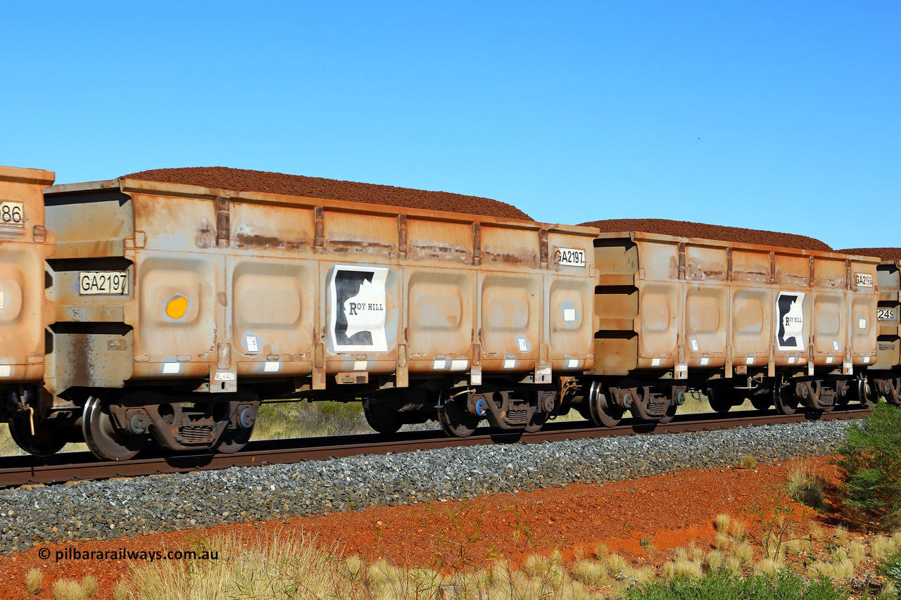 250501 0307
At the 88.448 km, just south of HPPL crossing loop on the Roy Hill line, loaded Roy Hill waggon pair GA 2197 - GA 2198, built in China by CSR Yangtze as an CCK138 model ore waggon. May 1, 2025.
Keywords: GA-type;GA2197-GA2198;CSR-Yangtze;CCK138;
