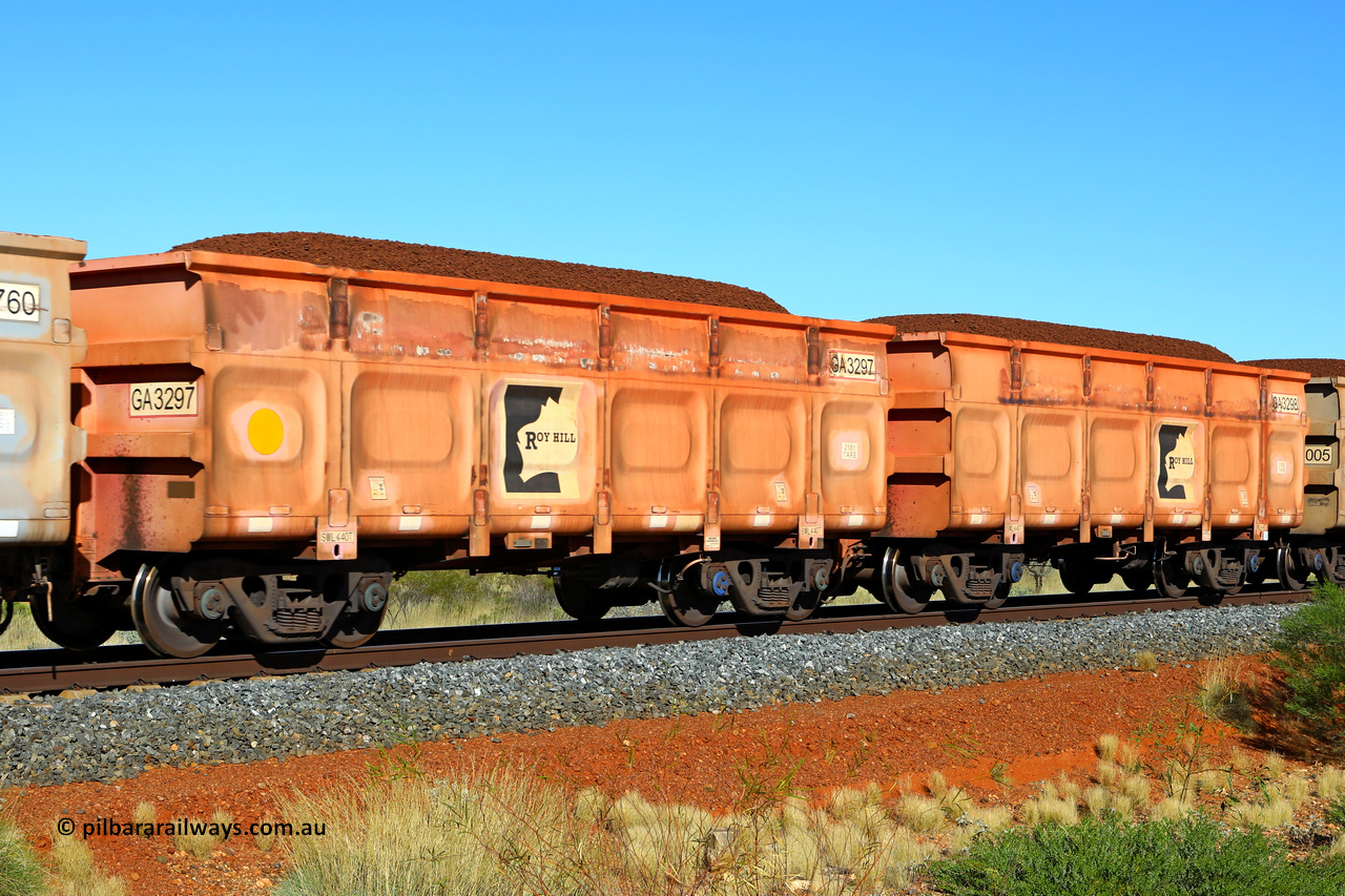 250501 0318
At the 88.448 km, just south of HPPL crossing loop on the Roy Hill line, loaded Roy Hill waggon pair GA 3297 - GA 3298, built in China by CRRC Yangtze as an CCK138 model ore waggon in Breast Cancer Awareness pink livery. May 1, 2025.
Keywords: GA-type;GA3297-GA3298;CRRC-Yangtze;CCK138;