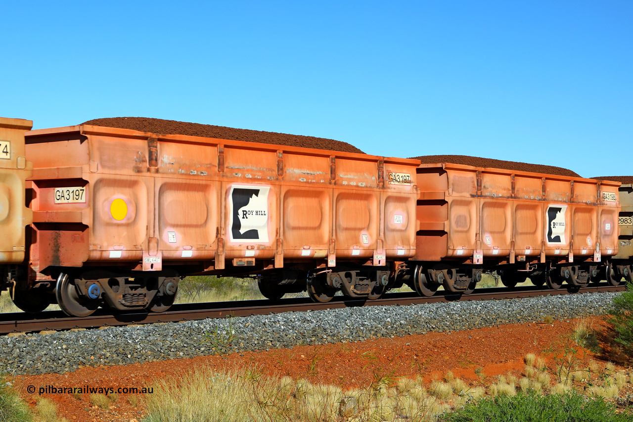 250501 0324
At the 88.448 km, just south of HPPL crossing loop on the Roy Hill line, loaded Roy Hill waggon pair GA 3197 - GA 3198, the first pair of the second batch and the first painted pink, built in China by CRRC Yangtze as an CCK138 model ore waggon in Breast Cancer Awareness pink livery. May 1, 2025.
Keywords: GA-type;GA3197-GA3198;CRRC-Yangtze;CCK138;