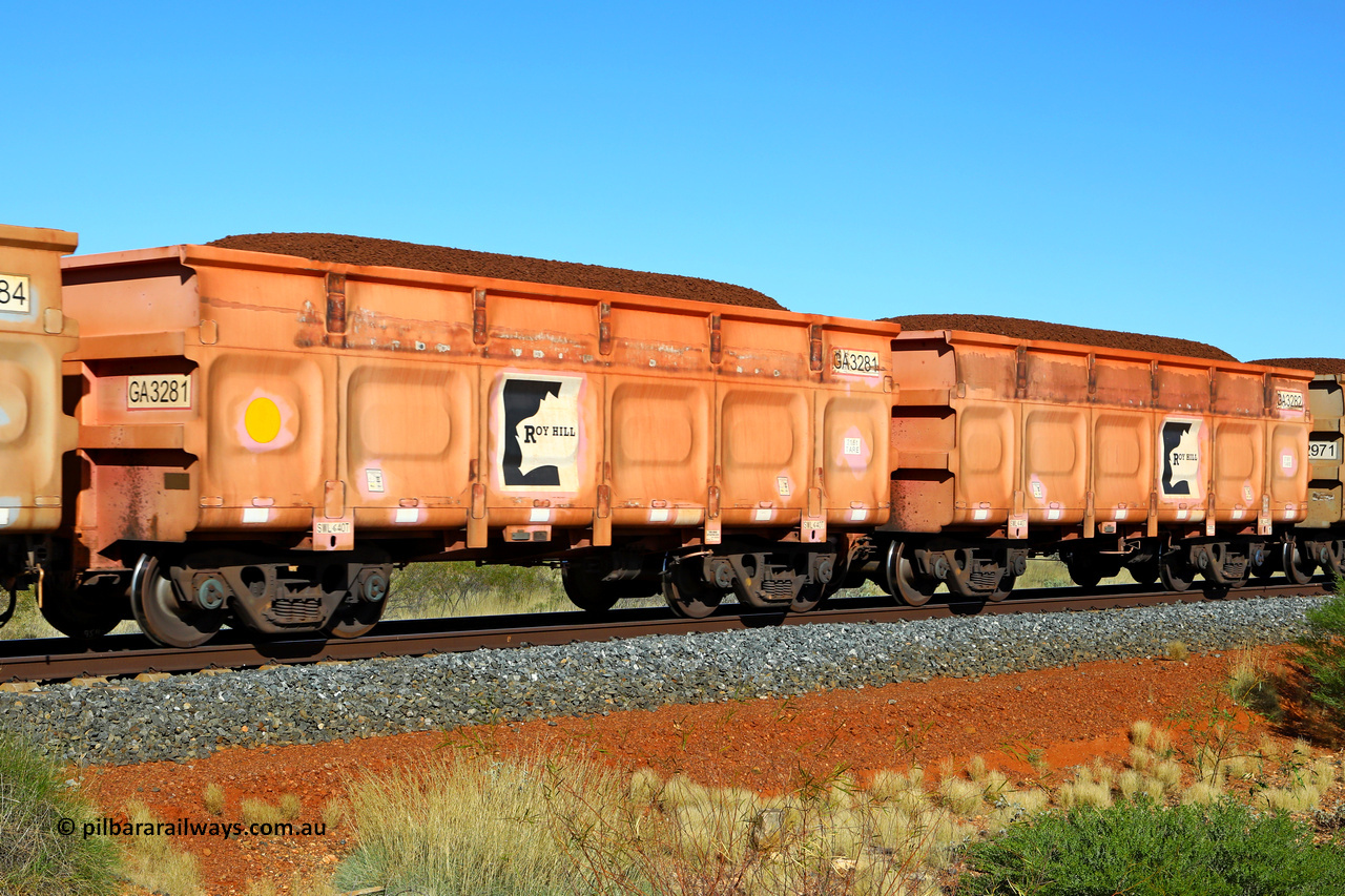 250501 0326
At the 88.448 km, just south of HPPL crossing loop on the Roy Hill line, loaded Roy Hill waggon pair GA 3281 - GA 3282, built in China by CRRC Yangtze as an CCK138 model ore waggon in Breast Cancer Awareness pink livery. May 1, 2025.
Keywords: GA-type;GA3281-GA3282;CRRC-Yangtze;CCK138;