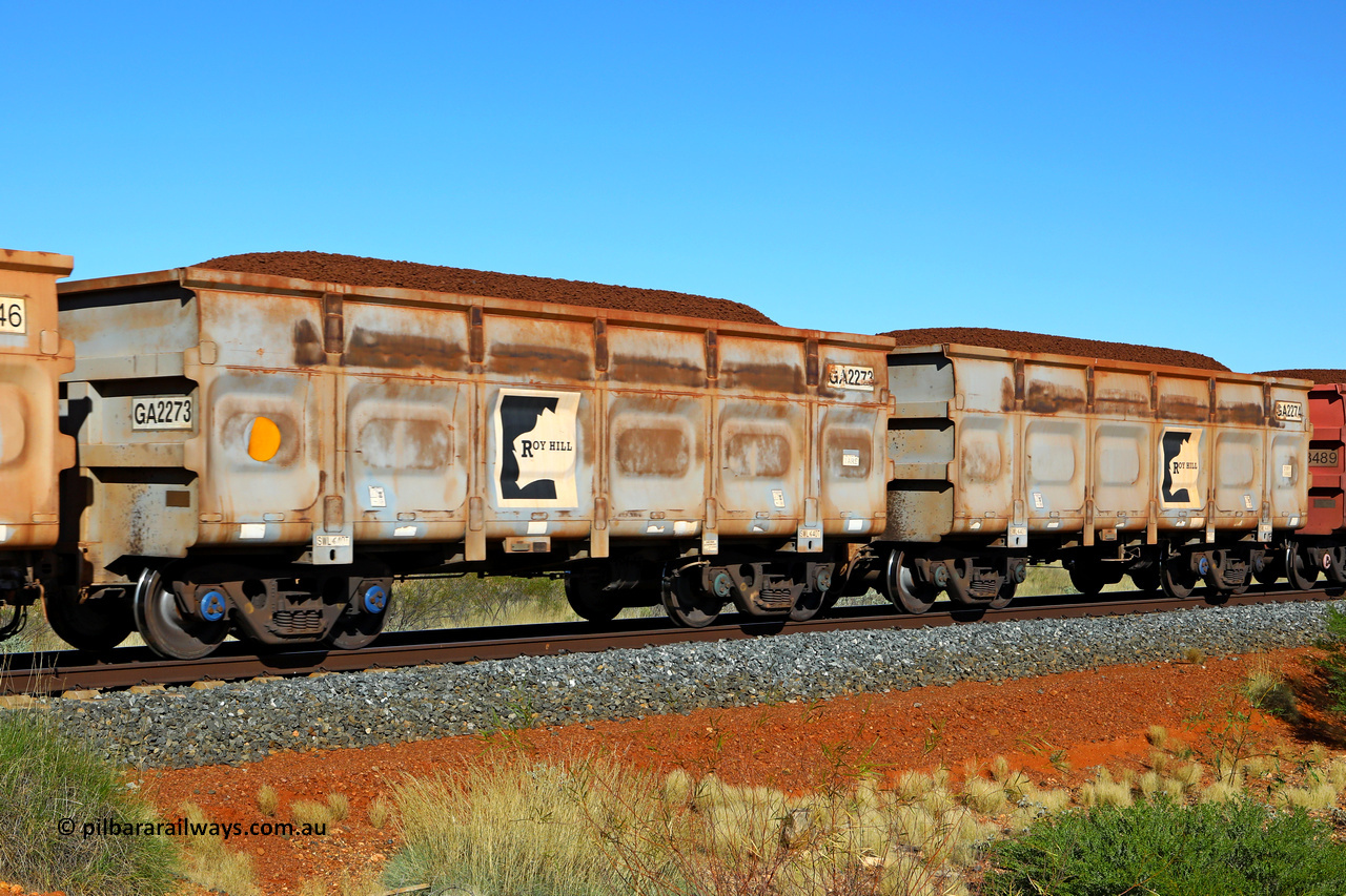 250501 0333
At the 88.448 km, just south of HPPL crossing loop on the Roy Hill line, loaded Roy Hill waggon pair GA 2273 - GA 2274, built in China by CSR Yangtze as an CCK138 model ore waggon. May 1, 2025.
Keywords: GA-type;GA2273-GA2274;CSR-Yangtze;CCK138;